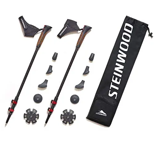 Steinwood Premium 100% Carbone bâtons de Marche Nordique réglables avec télescope et Fermeture à Pince avec Embouts en Caoutchouc supplémentaires et Sac de Transport, Multicolore