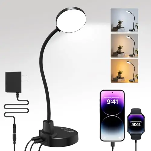 15W Lampe de Bureau LED avec Ports USB-A & USB-C - Dimmable, 3 Températures de Couleur, 5 Niveaux de Luminosité, 4 Minuteries, Cou 360° Flexible, Confort Visuel, pour Bureau et Chambre