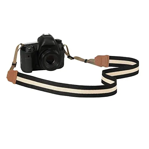 MoKo Sangle pour Appareils Photo, Bandoulière Universelle Réglable en Coton Tissé, Courroie pour Caméscope Jumelles Appareil Photo Numérique Nikon/Canon/Sony/Minolta/Panasonic/SLR/DSLR, Noir & Beige