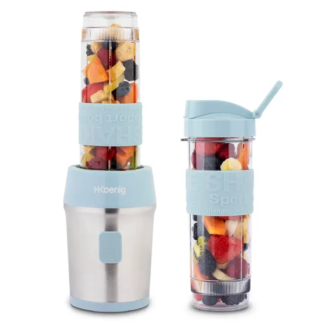 H.Koenig Mini Blender/Smoothie/Mixeur SMOO16 – 570mL, 300W, 4 Lames Inox, Sans BPA, 2 Bouteilles portables avec couvercles de voyage, Bleu Pastel