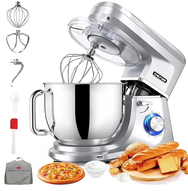 CHeflee Robot Pâtissier 2000W Robot de Cuisine 8 L Bol d'Acier Inoxydable,6 Vitesses avec Fonction Pulse avec Fouet Crochet Pétrisseur et Batteur,Housse anti-Poussière