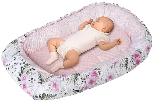 Medi Partners Reducteur de Lit Bebe - Réducteur Bébé 100x60x15cm Cocon et Naissance couffin Nid d'ange bilatéral Cale 100% Coton Minky (Fleurs avec Rose Clair Minky)
