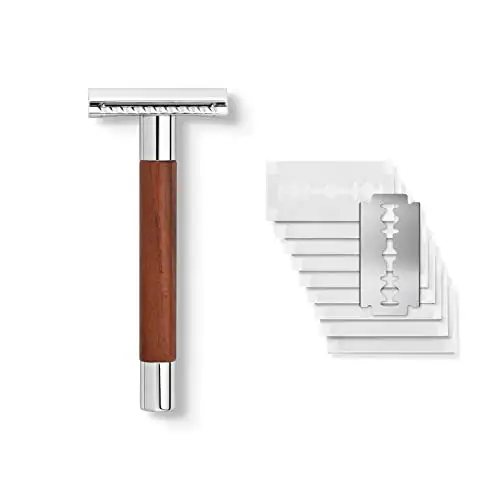 Premium rasoir de sûreté avec manche en noix - guide de rasage incl. 10 lames Störtebekker - idée de cadeau - Set de rasoir humide de qualité supérieure en acier inoxydable - Made in Germany
