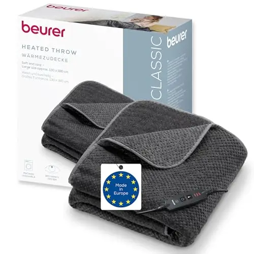 Beurer HD 65 couverture chauffante, couverture chauffante douillette avec 3 niveaux de température, avec arrêt automatique et système de sécurité, lavable en machine à 30 °C, made en Europe, gris
