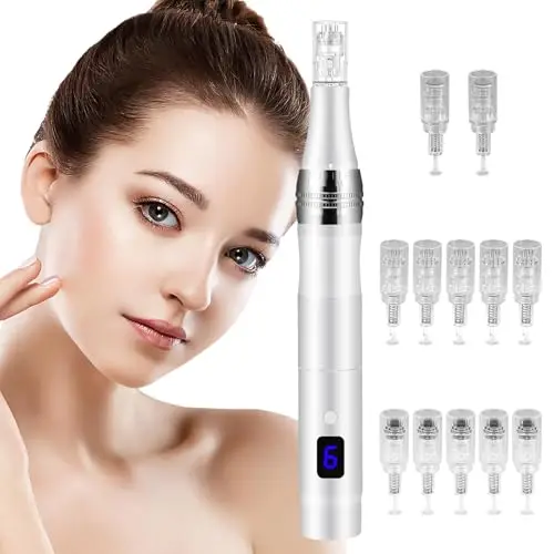 Vicloon Microneedling pour Visage, Stylo Beauté Microneedling avec 12 Cartouches de Rechange et 5 Vitesses pour Soin Visage & Corps, avec Écran LCD et Chargement Type-C, Cadeaux pour Femmes, Argent