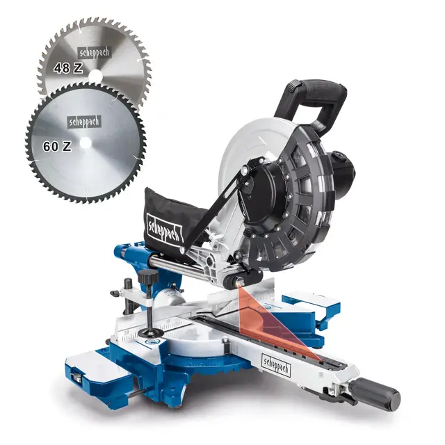 Scheppach Scie à onglets avec démarrage progressif & laser HM254 | 2000W | Lame Ø255mm | Largeur/hauteur de coupe : 340mm x 90mm |Scie radiale | 2ème lame incluse