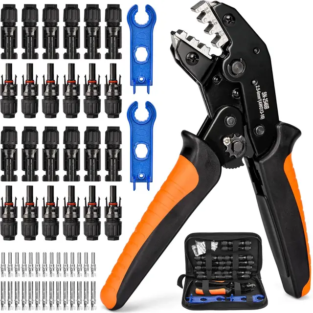 Kit d'outils de sertissage solaire pour câbles PV de 2,5/4/6 mm²,1 pince à sertir, 12 paires de connecteurs mâle/femelle,14 paires connecteurs de câble,2 Pièces de Clé,pour Câble PV de Panneau Solaire