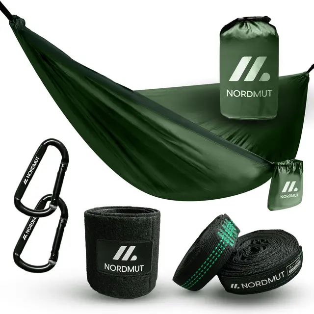 NORDMUT® Hamac Ultra Léger Outdoor [avec Kit de Fixation] – Hamac de Camping avec Kit de Protection des Arbres pour Camping, Outdoor et Jardin – Charge Max 300 kg (Vert, 140 x 275 cm)