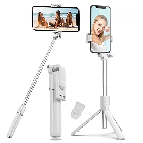 Perche Selfie Trépied Selfie Stick,4en1 Perche Bluetooth Trépied Bâton Selfie Bluetooth Extensible Télescopique Monopode Réglable avec Télécommande Amovible&Support Stable (Blanc)