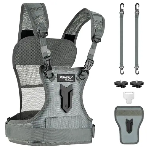 FOMITO Camera Chest Harness System Gilet de transport multi-appareil photo avec étui latéral Gris Compatible avec Canon Nikon Sony Panasonic Olympus DSLR