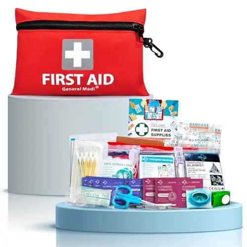 General Medi Trousse de Premiers Secours Composée de 92 Articles pour la Maison, Le Véhicule, Les Voyages, Le Bureau, Le Lieu de Travail, la Randonnée, la Survie et l'Extérieur (Rouge)