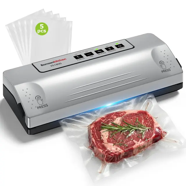 Bonsenkitchen Machine Sous Vide, Soudure Robuste 30 cm, Fonction Pulse pour Aliments Humides, Kit Aspiration Externe, Usage Continu avec Protection Surchauffe, avec 5 Sacs, VS1800