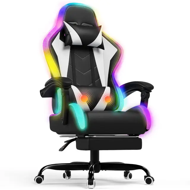 Devoko Chaise Gaming Ergonomique avec LED RGB, Massage Lombaire & Repose-Pieds – Fauteuil Gamer avec Appui-tête réglable – Dossier inclinable & Hauteur Ajustable – 180 kg – Blanc