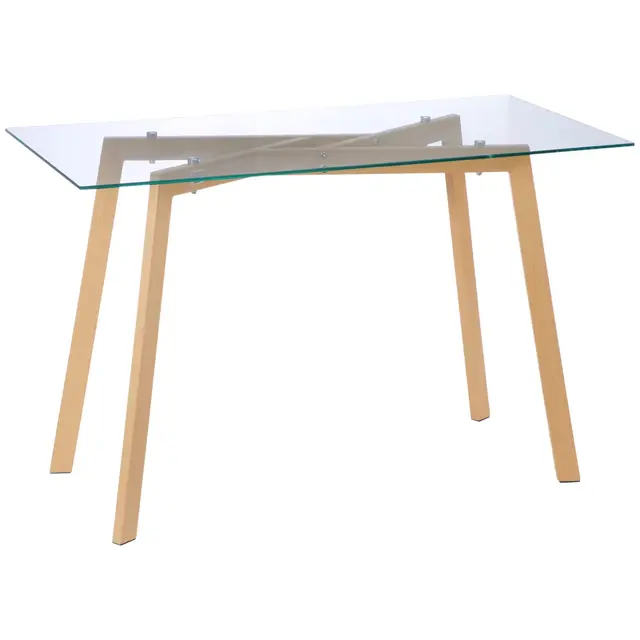 HOMCOM Table à Manger rectangulaire pour 4 Personnes, 120 x 60 x 76 cm, Table de Cuisine avec Plateau en Verre trempé et Pieds en Acier, Style Moderne, Transparent et Bois Naturel