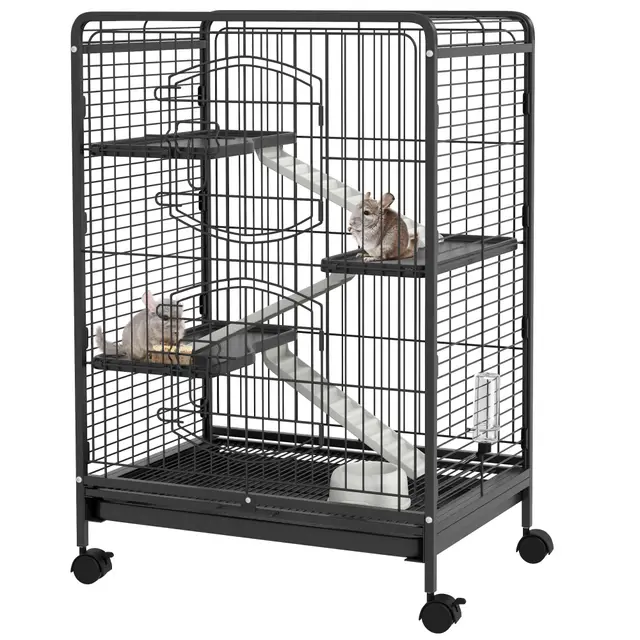 PawHut Cage pour rongeurs Cage pour Petits Animaux Roulante 3 Rampes 3 Plates-Formes Plat et Bouteille d'eau Bac Inférieur Amovible pour Lapin Vison d'animaux Chinchilla Acier PP 61,5x44x95cm Noire