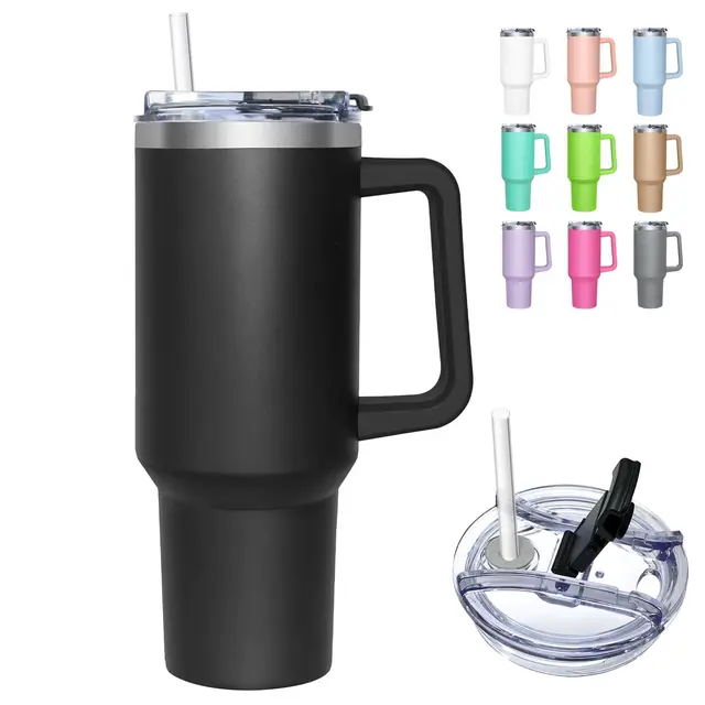Mug Isotherme avec 2-en-1 Couvercle, 1180ML Tumbler avec Paille et Poignée, Tasse Isotherme en Acier Inoxydable, Travel Mug Tumbler Gobelet Isotherme