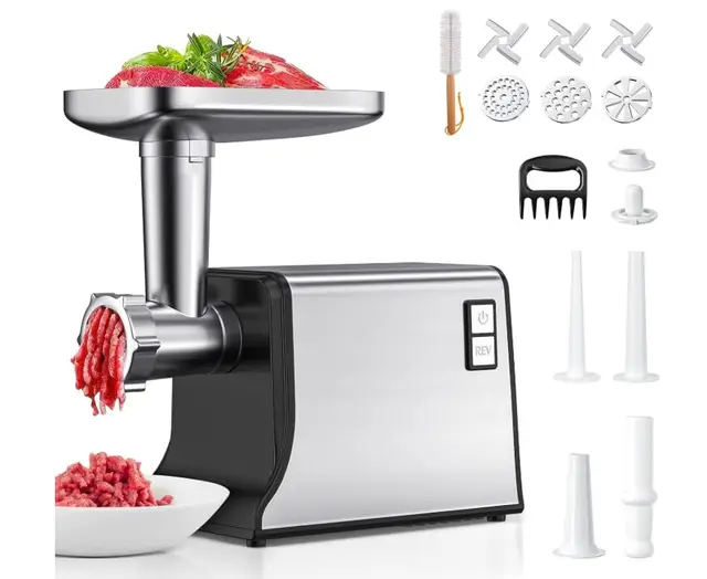 Hachoir à viande électrique 2800W en acier inoxydable avec 3 lames,3 plaques de broyage,inversion automatique et 3 réglages de taille,broyage machine a saucisse electrique(L with Sausage Kit)