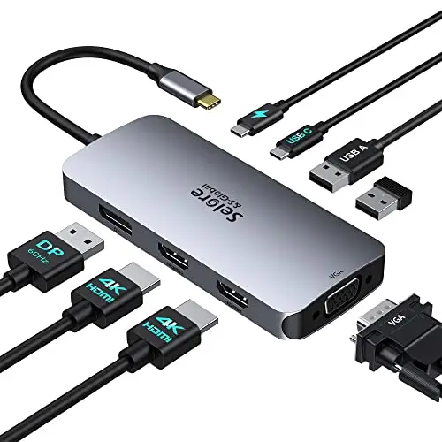 USB C Docking Multi Station Display,8 en 1 Station d'accueil USB C Hub vers Dual 4K HDMI Displayport avec DP1.4 100WPD VGA 2 USB 2.0 Multi Monitor Adapter pour Dell, Lenovo Yoga Thinkpad, Huawei, etc