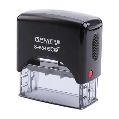 GENIE Jeu de tampons S-884 ECO avec encreur | d'adresse, automatique, d'entreprise, auto-encreur | Mini appareil de bureau | Robuste et personnalisable