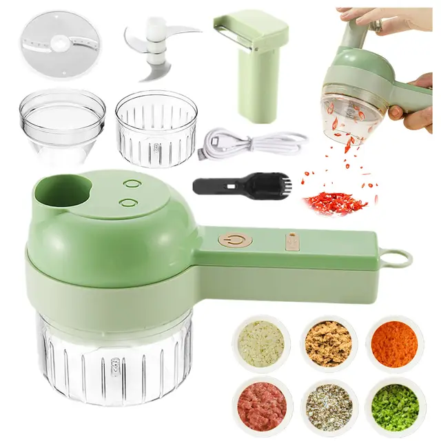 4 en 1 Ensemble de Trancheuse à Légumes Électrique Outil Coupe Légumes Légumes en Spiraliseur Portable Coupe-Fruits Multifonctions avec Récipient et Brosse de Nettoyage Chargement USB