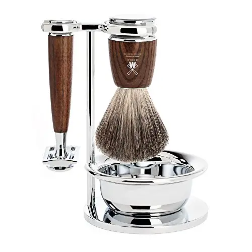 MÜHLE Série Rytmo Set de rasage en bois de frêne foncé avec bol, rasoir de sûreté et blaireau en poils de blaireau