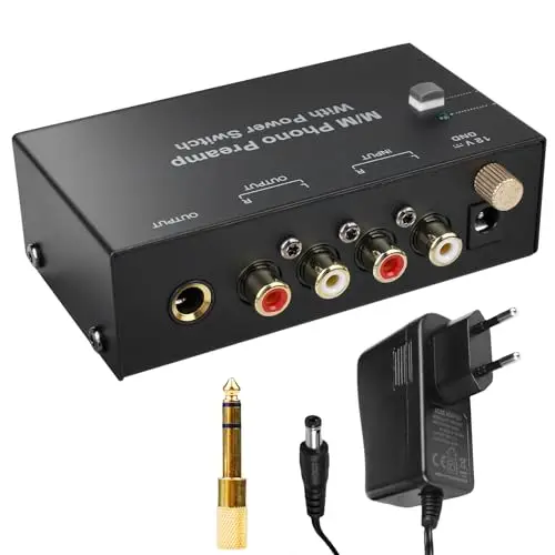Préamplificateur Phono pour Platine Vinyle - Préampli Phono pour Platine avec Système de Lecture MM, Entrée et Sortie RCA, Amplificateur Stéréo avec Niveau, Noir