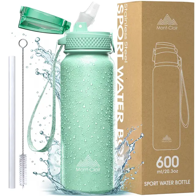 Mont-Clair Gourde isotherme - Gourde Sport 600ML - Bouteille isotherme sans BPA -, 24h froid & 12h chaud - Bouteille d'eau en acier pour le Sport, Gym, Fitness, Randonnée et Camping - Vert