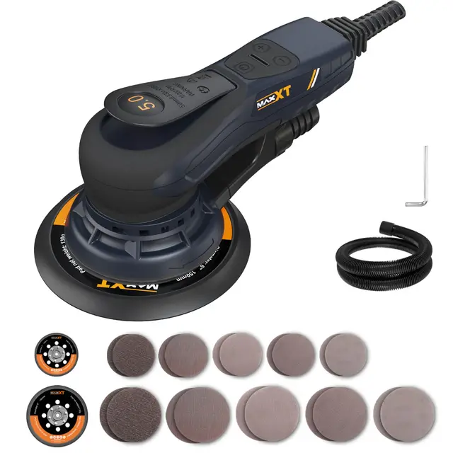 MAXXT Meuleuse électrique sans balais 350 W - Ponceuse orbitale 5.0 avec disques de 150 et 125 mm, fixation à trois points, 4000-10000 tr/min (6 niveaux), avec 20 feuilles abr