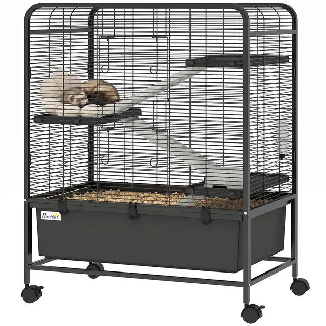 PawHut Cage pour Rongeurs, Cage pour Petits Animaux sur Roulantes, 4 Niveaux, 3 Plateformes, 3 Rampes, 2 Portes, Bouteille d'eau, Plateau Amovible Profond de 18 cm, 75x46x94,5cm, Noir