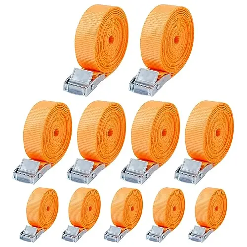 Lot de 10 Sangle d'Arrimage,25mm x 4m Sangle de Serrage,Sangle Porte Velo avec Boucle de Fermeture,Selon DIN en 12195-2, adapté aux camionnettes, Motos, camions Marchandises liées, Orange