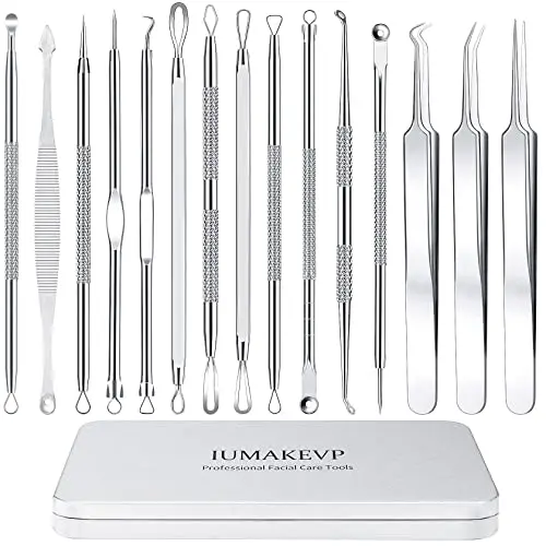 Extracteur Point Noir, IUMAKEVP 15 Pièces Tire Comédons Pince Professionnels en Acier Inoxydable pour Enlever Boutons, Acnés, Boutons sur le Visage - Blackhead Remover Outil avec Étui en Métal(Argent)