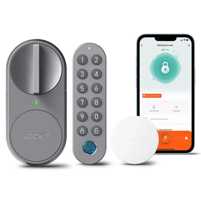 Lockin Smartes Türschloss G30 mit Keypad Pro, WLAN & App-Steuerung, Auto-Lock, compatible avec Alexa & Google, serrure de porte électronique sans clé, empreinte digitale, code d’accès, Gris