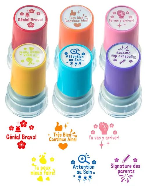 LAOYE 6PCS Plastique Tampon Auto Encreur Tampons Encreurs Enseignants Français pour Cadeau Professeur Tampon Ecole Avec Boîte pour Encourager Élèves