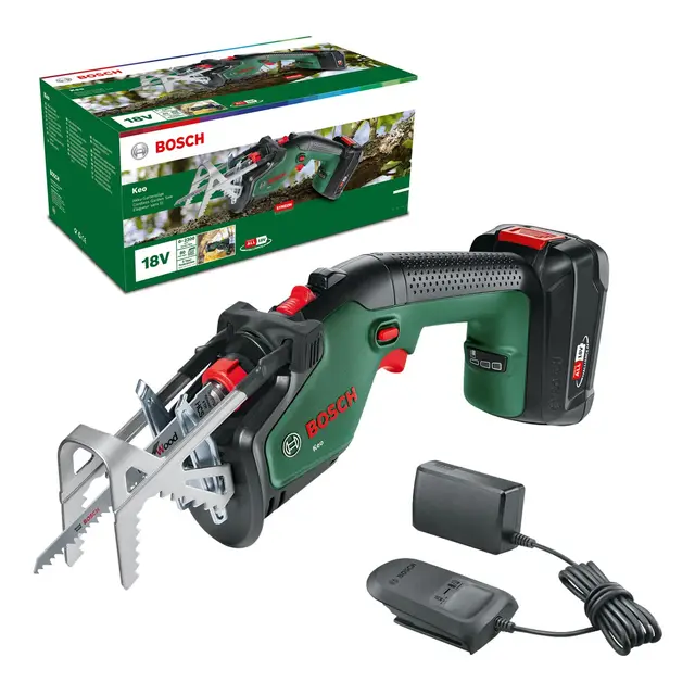 Bosch Elagueur sans fil - Keo (1 batterie 2,0 Ah, système 18V, diamètre de coupe 80 mm, avec lame de précision de qualité suisse pour bois, dans emballage carton)