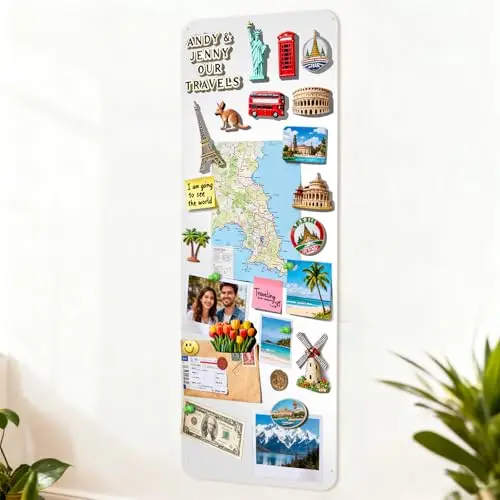 Tableau magnétique, blanc, 30 x 70 cm, avec force magnétique puissante, pour photos et souvenirs, tableau magnétique tendance pour salon, bureau, idéal pour les amateurs de voyage