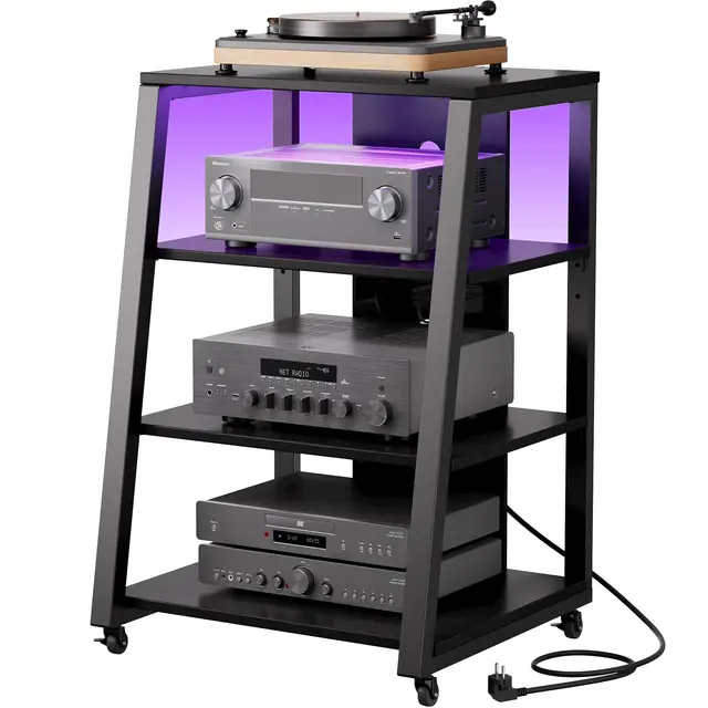 Lifewit Meuble Hifi 4 Niveaux avec Multiprises et Lumières LED, Meuble Vinyle en Bois et Acier avec Roulettes et Étagères, Etagères de Rangement Structure Solide, 60 x 55 x 90 cm, Noir