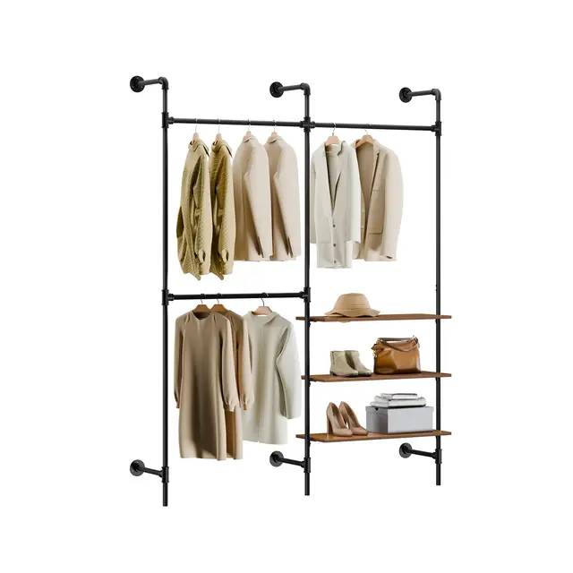 SoBuy Portant à Vêtements Murale avec 3 Tringles + 3 Étagères MDF, Penderie à Vêtements pour Chambre, 168x46x220cm, Industriel Noir KLS18-SCH