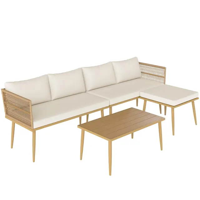 Outsunny Salon de Jardin extérieur en résine tressée 5 Places modulable avec 2 canapés, Pouf et Table Basse, Coussins déhoussables Inclus, mobilier de Jardin pour Balcon terrasse véranda, crème