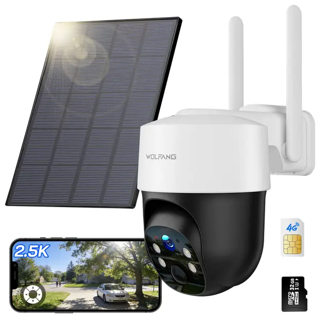 WOLFANG Camera Surveillance Exterieure sans Fil, 4g Camera Solaire avec Carte Sim, Alimentation Solaire, Vision Nocturne, 2.5K, Audio Bidirectionnel, Détection De Mouvement Pir, Carte microSD 32 Go