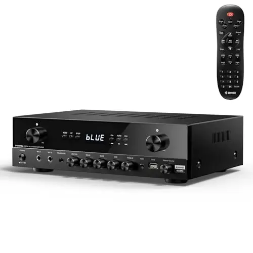 Donner Amplificateur Audio Stéréo, 600 W Crête, Récepteur 2 Canaux avec Bluetooth 5.3, Phono, Optique, Coaxial, USB, FM, 2 Entrées Micro pour Enceintes Maison, Karaoké et Cinéma, MAMP2