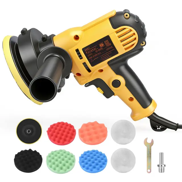 Lustreuse Polisseuse Voiture, 700W Polisseuse Voiture avec 6 Vitesses Réglable 600-3700 tr/min, Moteur Puissant, Poignée Amovible et 5 Tampons de Polissage Amovibles pour Polissage Voiture