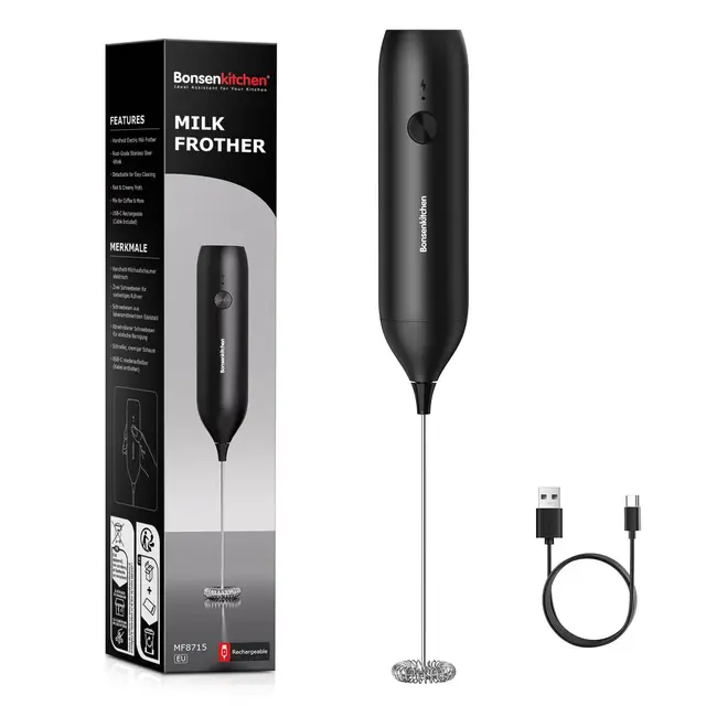 Bonsenkitchen Mousseur à lait électrique, Mini Fouet en Acier Inoxydable, Design Silencieux pour Cappuccino, Matcha, Cadeau Parfait pour Les Lmateurs de Café, Noir