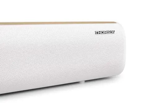 THOMSON SB401BT Barre de Son – 200W Puissance Musicale Totale – Bluetooth 5.0 – Entrées Optique, USB & AUX – Préréglages EQ – Télécommande – Indicateur LED de Source – Design Blanc & Bois