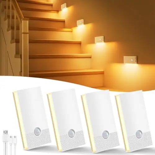 Veilleuse Détecteur de Mouvement,Lot de 4 Veilleuses LED Rechargeables avec 3 Modes(AUTO/OFF/ON),2700K Lampe Detecteur de Mouvement Interieur pour Escaliers,Couloirs, Armoire,Chambre