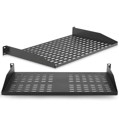 Pyle Étagère Rack Serveur 1U – Plateau Ventilé Cantilever pour Armoire 19", Tablette Universelle Noir Montage en Porte-à-Faux | Lot de 2 Étagères Métalliques pour Rack d'Équipement Réseau ou Serveur
