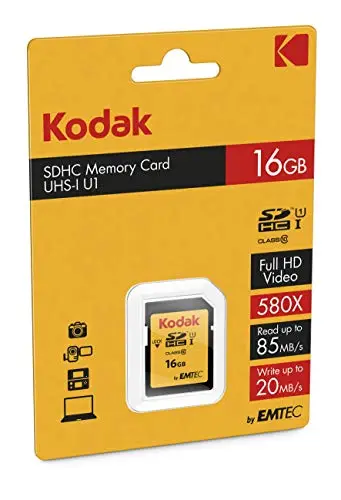 Kodak - Carte SD 16 Go UHS-I U1 V10 SDHC/XC - Carte Mémoire - Vitesse de Lecture 85MB/s Max - Vitesse d'Écriture 25MB/s Max - Stockage de Vidéos Full HD et de Photos Haute Définition - SD Card