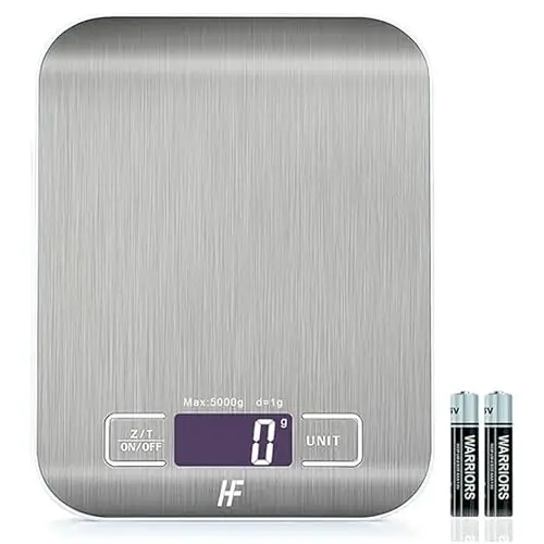 HomeFashion Balance de Cuisine Électronique de Haute Précision 5000g/1g avec Écran LCD Rétroéclairé, 6 Unités et Fonction Tare Acier Inoxydable, Piles incluses