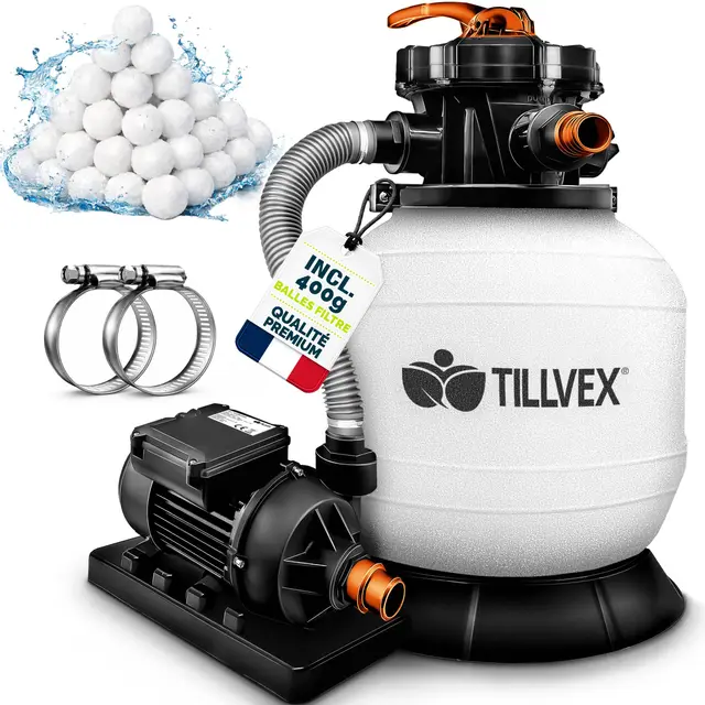 tillvex® Système de Filtre à Sable 7.900L/h + 400g Boules de Filtre | 7 Fonctions de Filtration & Adaptateur 2en1 Ø32-38mm | Filtre de piscine avec indicateur de pression (Blanc/Orange)