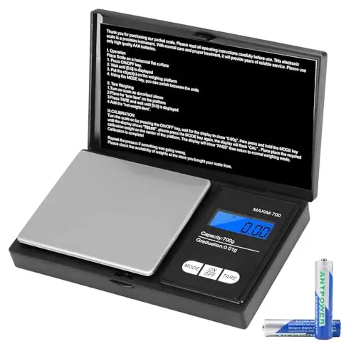 Vinabo Balance de précision 700 g / 0,01 g, poids de grammes, poids de cuisine, balance de poids en microns et grammes multifonction fonction tare, pour ingrédients, cuisine, bijoux, noir (2 piles)