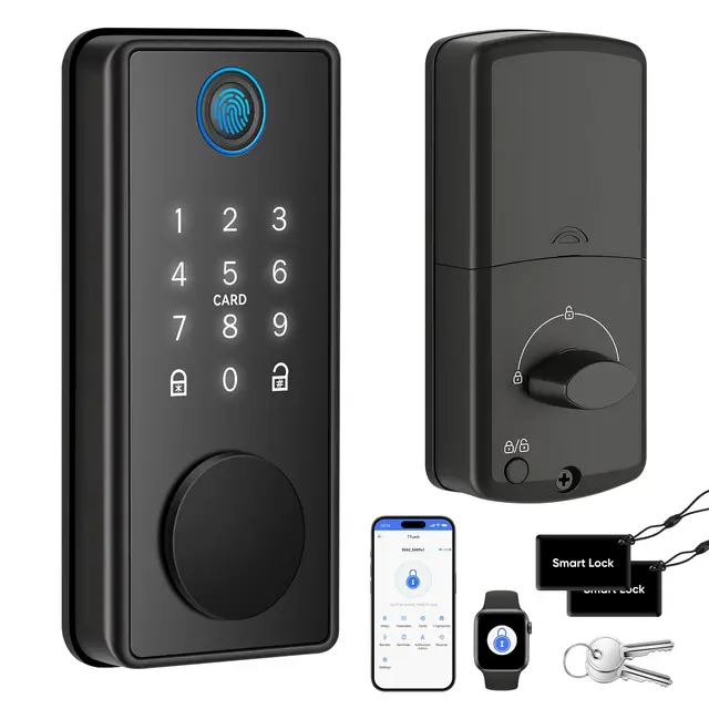 Serrure de Porte Intelligente d'empreintes Digitales, Sans Clé | Contrôle par App, Clavier Tactile, Compatible Apple Watch | Ouverture en 1 Touche | Pour Porte d'Entrée (Noir)